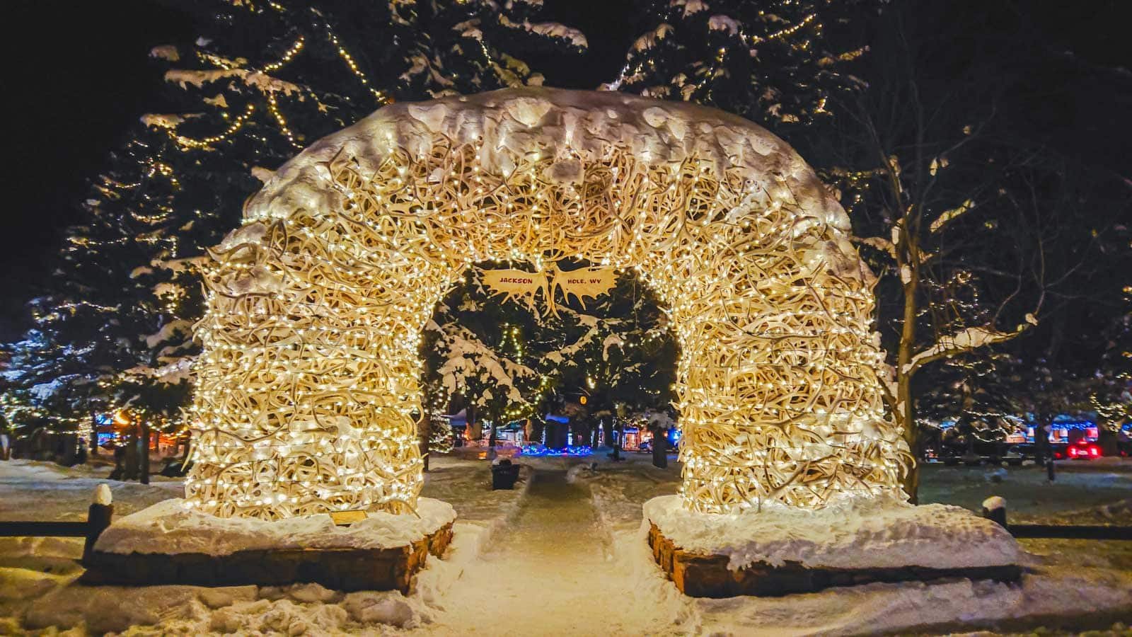 The famous antler arches in Jackson Hole's Town Square, a top place to visit in December.